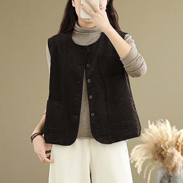 Buddha Stones Corduroy Buttons Women's Cotton Vest Waistcoat With Pockets - image 13