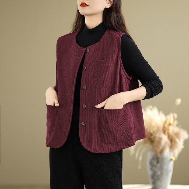 Buddha Stones Corduroy Buttons Women's Cotton Vest Waistcoat With Pockets - image 22