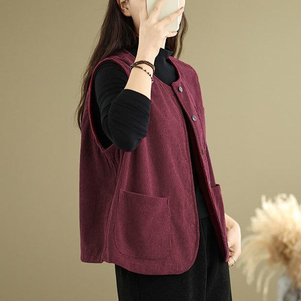 Buddha Stones Corduroy Buttons Women's Cotton Vest Waistcoat With Pockets - image 21