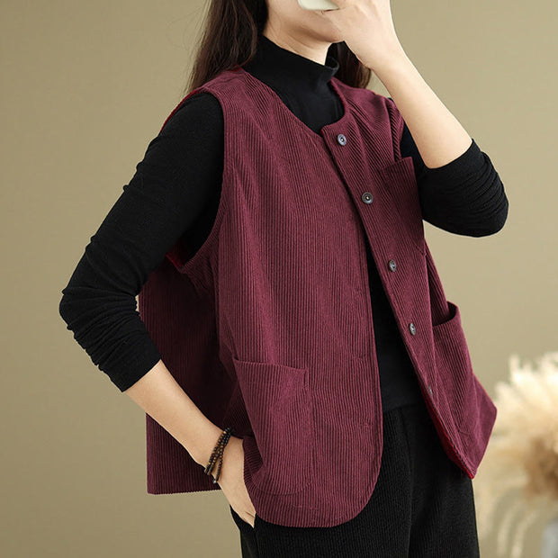 Buddha Stones Corduroy Buttons Women's Cotton Vest Waistcoat With Pockets - image 25