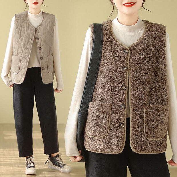 Buddha Stones Double-sided Style Women's Viscose Fiber Vest Waistcoat With Pockets - BurlyWood - US12，UK/AU16，EU44 (2XL) - image 1