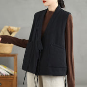 Buddha Stones Plain Lace-up Women's Cotton Vest Waistcoat With Pockets - image 5