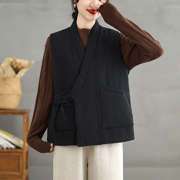 Buddha Stones Plain Lace-up Women's Cotton Vest Waistcoat With Pockets - image 4