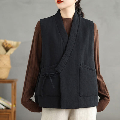 Buddha Stones Plain Lace-up Women's Cotton Vest Waistcoat With Pockets - Black - US12，UK/AU16，EU44 (2XL) - image 1
