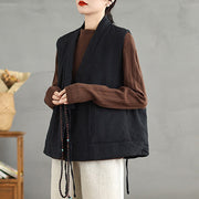 Buddha Stones Plain Lace-up Women's Cotton Vest Waistcoat With Pockets - image 2