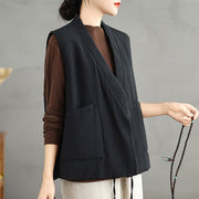Buddha Stones Plain Lace-up Women's Cotton Vest Waistcoat With Pockets - image 6
