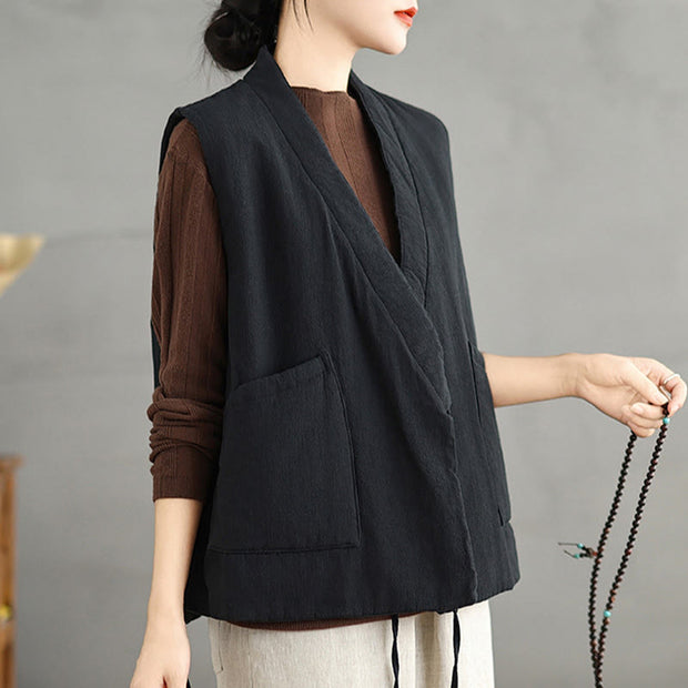 Buddha Stones Plain Lace-up Women's Cotton Vest Waistcoat With Pockets - image 6