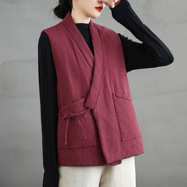 Buddha Stones Plain Lace-up Women's Cotton Vest Waistcoat With Pockets - image 10