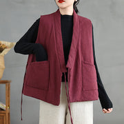 Buddha Stones Plain Lace-up Women's Cotton Vest Waistcoat With Pockets - image 9