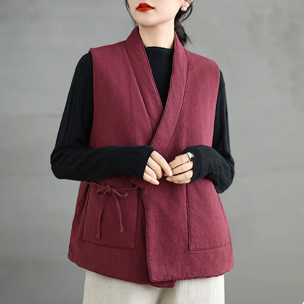 Buddha Stones Plain Lace-up Women's Cotton Vest Waistcoat With Pockets - IndianRed - US12，UK/AU16，EU44 (2XL) - image 7