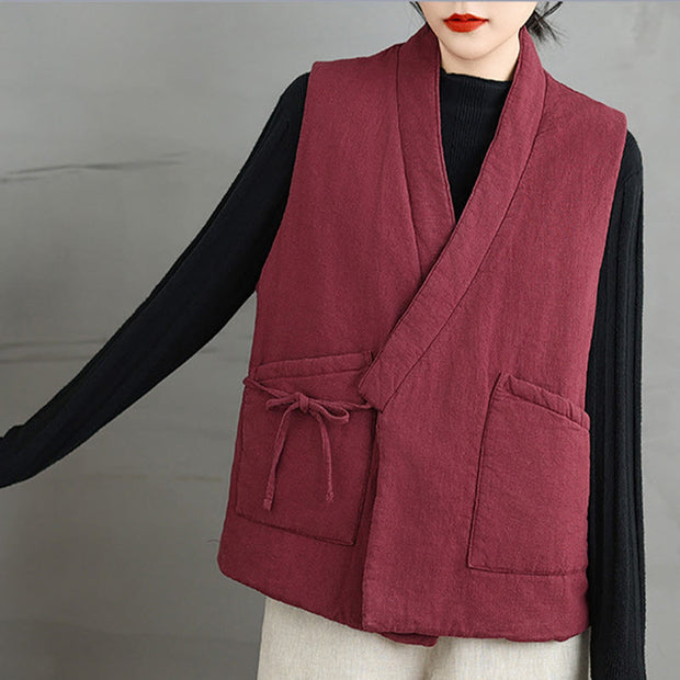 Buddha Stones Plain Lace-up Women's Cotton Vest Waistcoat With Pockets - image 12