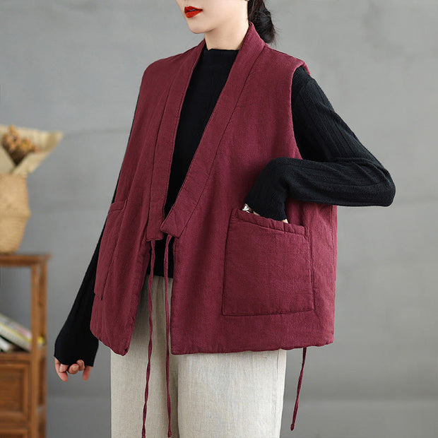 Buddha Stones Plain Lace-up Women's Cotton Vest Waistcoat With Pockets - image 8