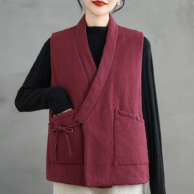 Buddha Stones Plain Lace-up Women's Cotton Vest Waistcoat With Pockets - image 11