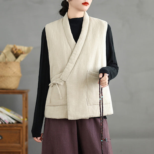 Buddha Stones Plain Lace-up Women's Cotton Vest Waistcoat With Pockets - image 19