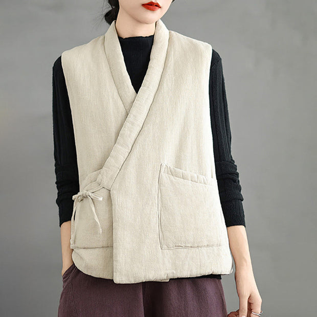 Buddha Stones Plain Lace-up Women's Cotton Vest Waistcoat With Pockets - Beige - US12，UK/AU16，EU44 (2XL) - image 17