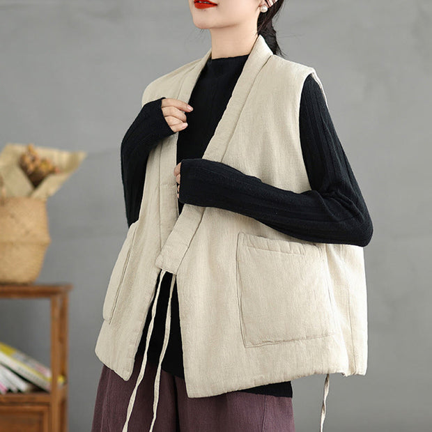 Buddha Stones Plain Lace-up Women's Cotton Vest Waistcoat With Pockets - image 22