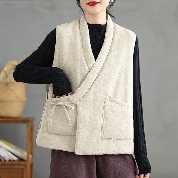 Buddha Stones Plain Lace-up Women's Cotton Vest Waistcoat With Pockets - image 20