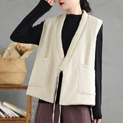 Buddha Stones Plain Lace-up Women's Cotton Vest Waistcoat With Pockets - image 18