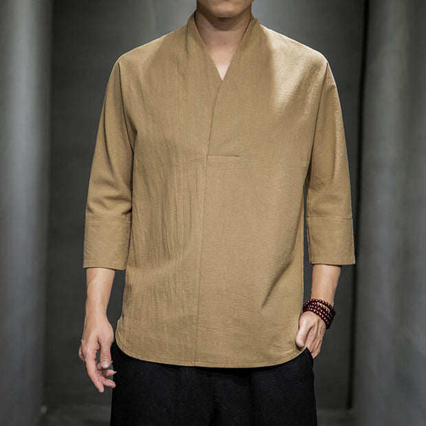 Buddha Stones Casual V-Neck Three Quarter Sleeve Shirt Cotton Men Clothing - BurlyWood - US/UK/AU46，EU56 (5XL) - image 1