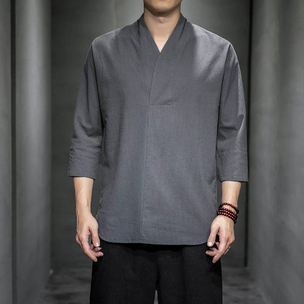 Buddha Stones Casual V-Neck Three Quarter Sleeve Shirt Cotton Men Clothing - Gray - US/UK/AU46，EU56 (5XL) - image 5