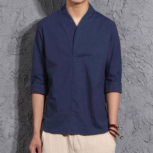 Buddha Stones Casual V-Neck Three Quarter Sleeve Shirt Cotton Men Clothing - Steelblue - US/UK/AU46，EU56 (5XL) - image 8