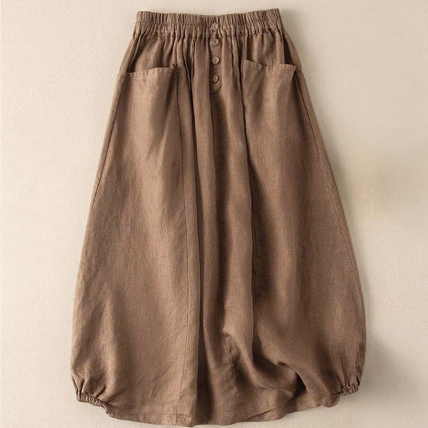 Buddha Stones Summer Solid Button Elastic Waist 7-8 Length Women's Skirt With Pockets - image 3