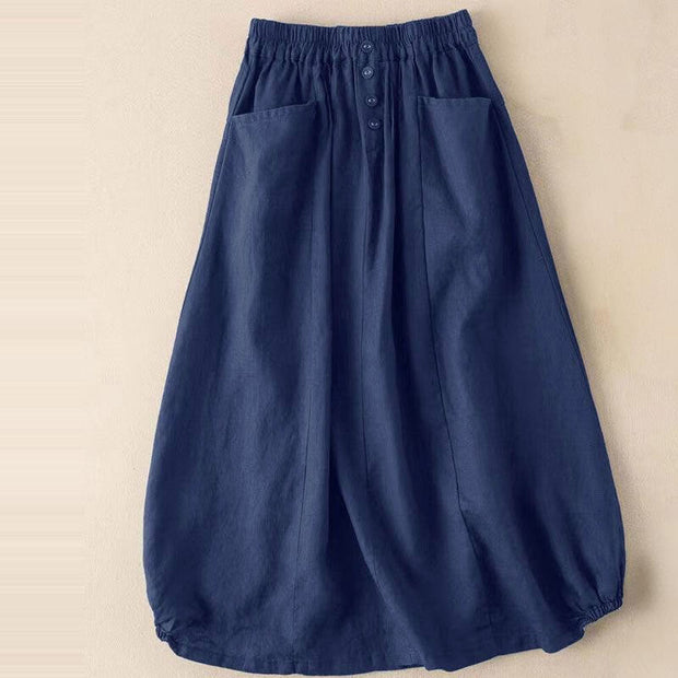 Buddha Stones Summer Solid Button Elastic Waist 7-8 Length Women's Skirt With Pockets - Navy - US16，UK/AU20，EU48 (5XL) - image 4