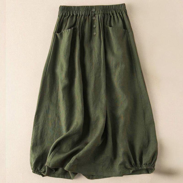 Buddha Stones Summer Solid Button Elastic Waist 7-8 Length Women's Skirt With Pockets - DarkOliveGreen - US16，UK/AU20，EU48 (5XL) - image 5