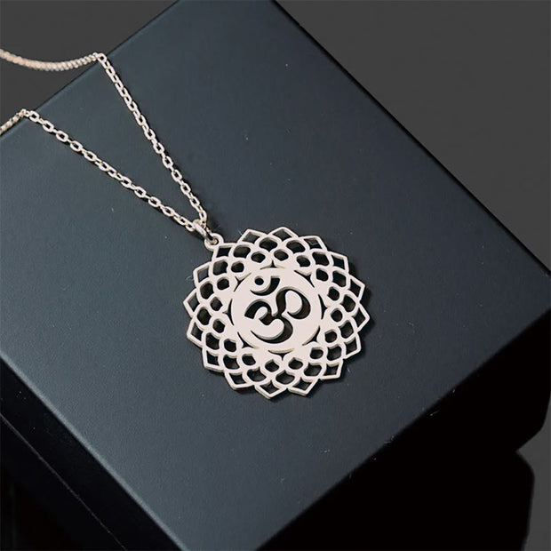 Buddha Stones Hollow Lotus Design Om Symbol Stainless Steel Connection Necklace Pendant - Silver - image 11