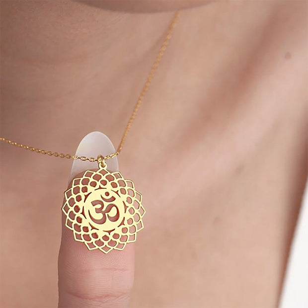 Buddha Stones Hollow Lotus Design Om Symbol Stainless Steel Connection Necklace Pendant - image 2