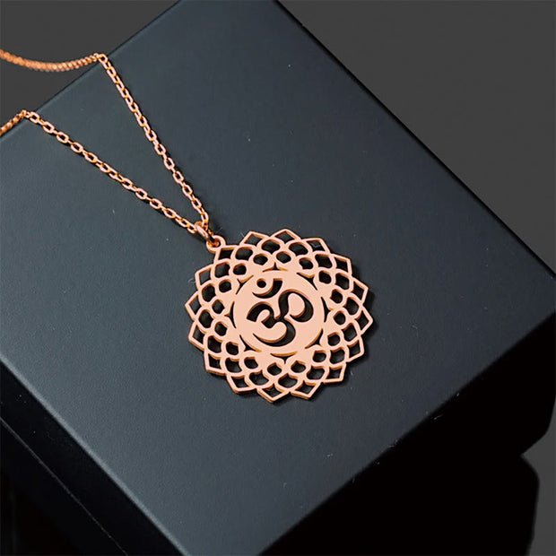 Buddha Stones Hollow Lotus Design Om Symbol Stainless Steel Connection Necklace Pendant - Rose Gold - image 12
