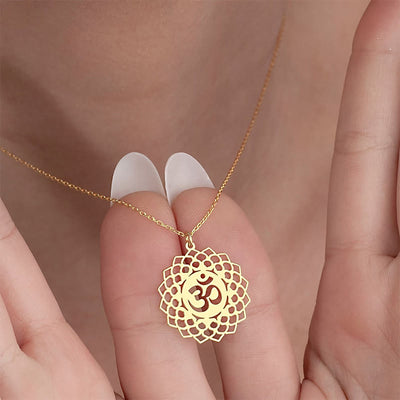 Buddha Stones Hollow Lotus Design Om Symbol Stainless Steel Connection Necklace Pendant - Gold - image 1