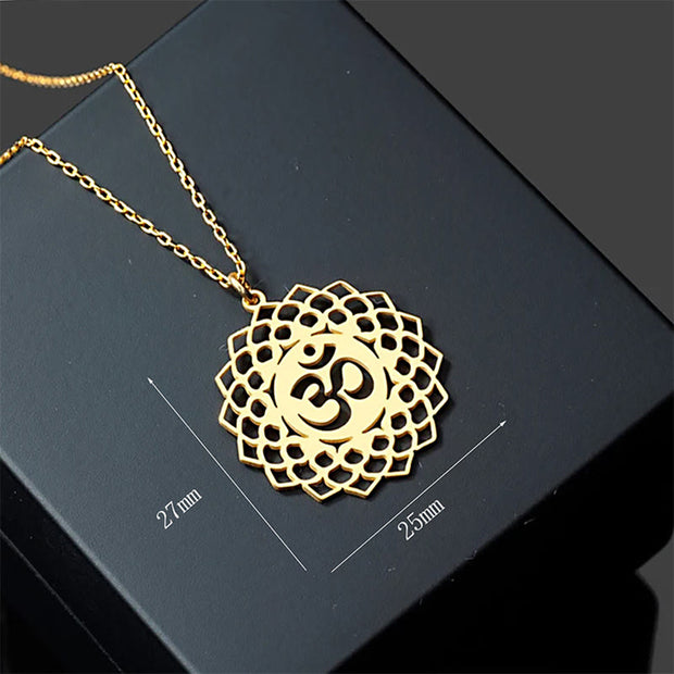 Buddha Stones Hollow Lotus Design Om Symbol Stainless Steel Connection Necklace Pendant - image 7