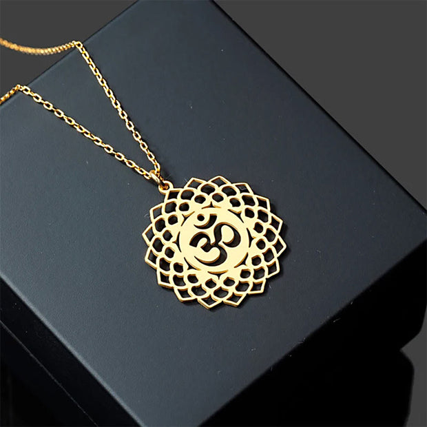 Buddha Stones Hollow Lotus Design Om Symbol Stainless Steel Connection Necklace Pendant - image 6