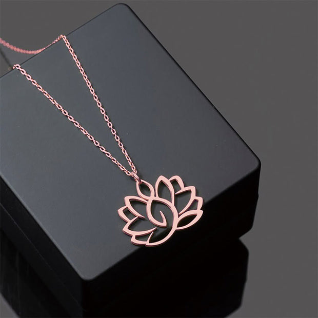 Buddha Stones Hollow Lotus Design Stainless Steel Enlightenment Necklace Pendant - Rose Gold - image 12
