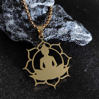 Buddha Stones Vintage Lotus Sitting Buddha Design Stainless Steel Enlightenment Necklace Pendant - Gold - image 1