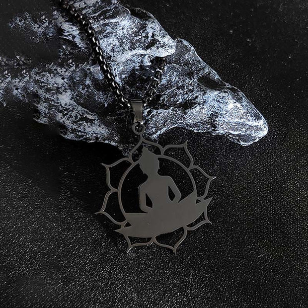 Buddha Stones Vintage Lotus Sitting Buddha Design Stainless Steel Enlightenment Necklace Pendant - image 12