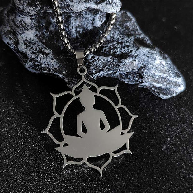 Buddha Stones Vintage Lotus Sitting Buddha Design Stainless Steel Enlightenment Necklace Pendant - Silver - image 7