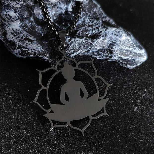 Buddha Stones Vintage Lotus Sitting Buddha Design Stainless Steel Enlightenment Necklace Pendant - Black - image 11