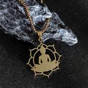 Buddha Stones Vintage Lotus Sitting Buddha Design Stainless Steel Enlightenment Necklace Pendant - image 2