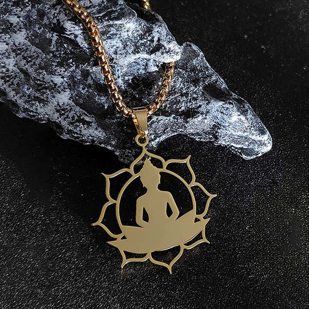 Buddha Stones Vintage Lotus Sitting Buddha Design Stainless Steel Enlightenment Necklace Pendant - image 2
