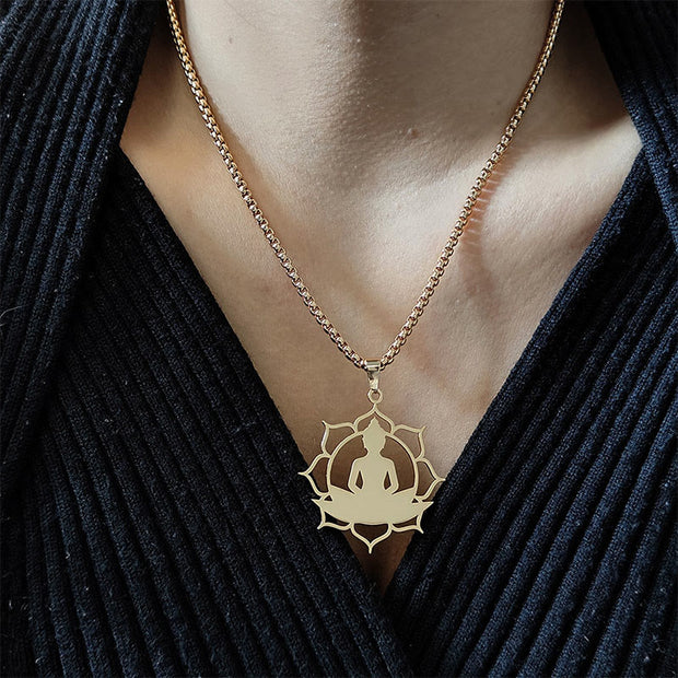 Buddha Stones Vintage Lotus Sitting Buddha Design Stainless Steel Enlightenment Necklace Pendant - image 4