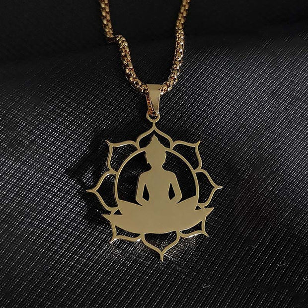 Buddha Stones Vintage Lotus Sitting Buddha Design Stainless Steel Enlightenment Necklace Pendant - image 3