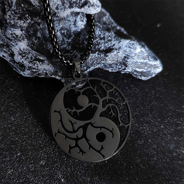 Buddha Stones Branches Hollow Yin Yang Design Stainless Steel Balance Necklace Pendant - Black - image 7