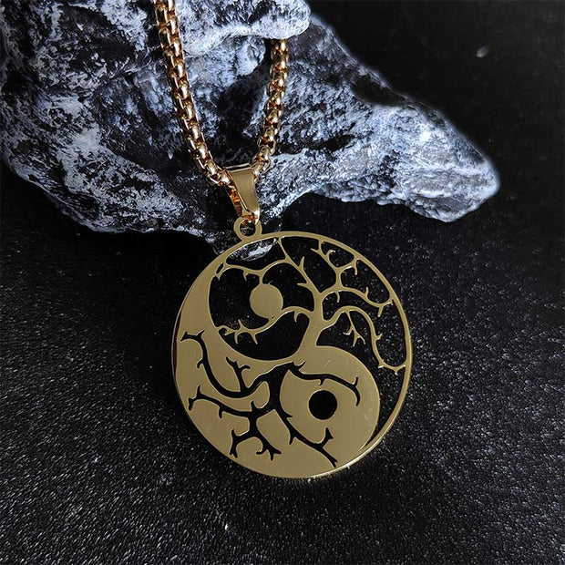 Buddha Stones Branches Hollow Yin Yang Design Stainless Steel Balance Necklace Pendant - Gold - image 5