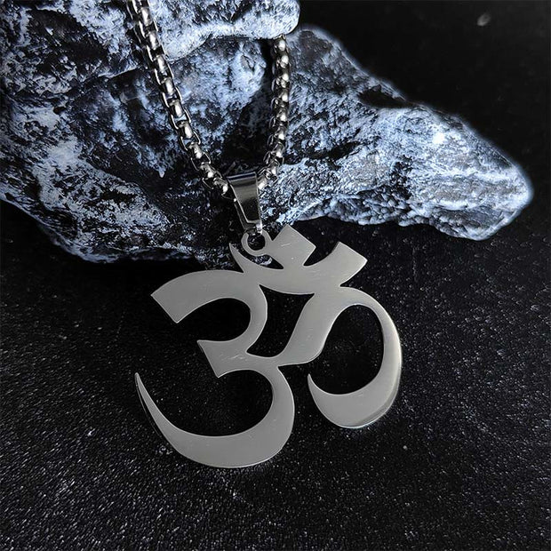 Buddha Stones Om Symbol Mantra Stainless Steel Focus Necklace Pendant - Silver - image 2