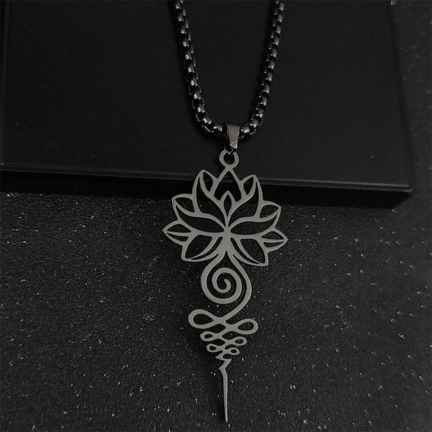 Buddha Stones Lotus Unalome Chakra Symbol Design Stainless Steel Enlightenment Necklace Pendant - Black - image 8