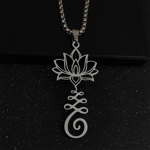Buddha Stones Chakra Symbol Irregular Design Lotus Stainless Steel Enlightenment Necklace Pendant - Silver - image 2