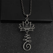 Buddha Stones Chakra Symbol Irregular Design Lotus Stainless Steel Enlightenment Necklace Pendant - Black - image 8