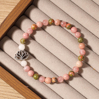 Buddha Stones Rhodonite Unakite Beads Lotus Healing Bracelet - Rhodonite&Unakite(Wrist Circumference: 15-17cm) - image 1
